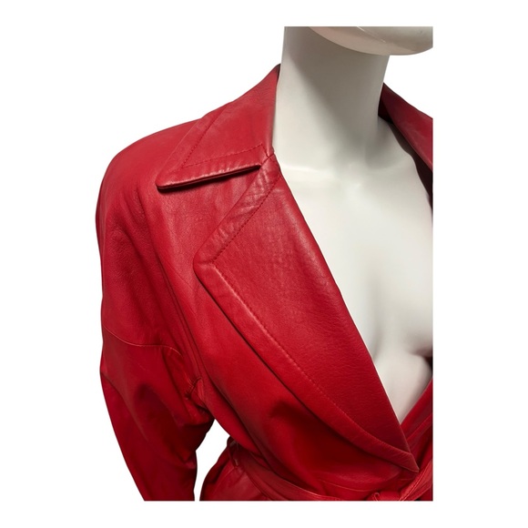 VTG 90s REMY GLAM ROCK Red Soft Leather Midi Belted Trench Coat Womens Medium - Picture 3 of 11